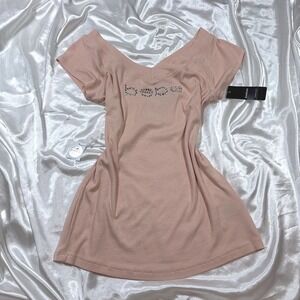 y2k Bebe blouse Pink NEW Swarovski Crystal Logo Ribbed V-Neck Mini Dress XL